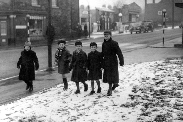Heading to school in the snow on Manchester Road, Crosspool, March 28, 1952