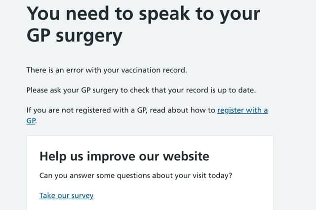 An error shows up when he enters his details on the NHS vaccination website.