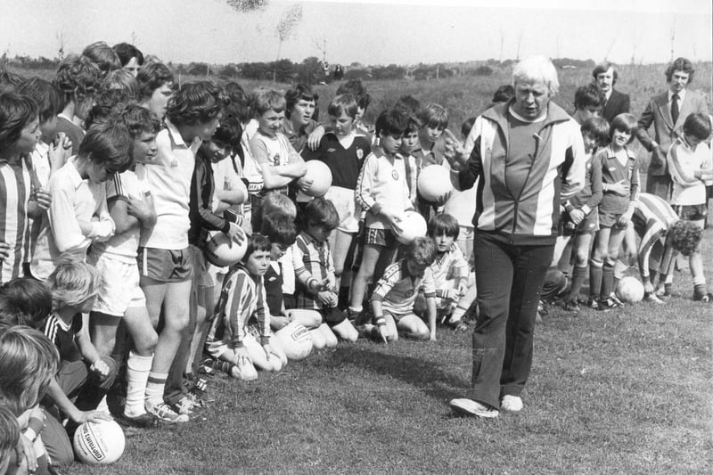 Coach George Wardle with a group of youngsters who attended the weekend football teach-in at the Temple Park Leisure Centre in 1978. Can you spot someone you know?