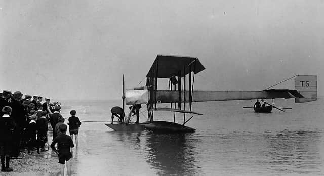 Hydroplane (seaplane) off Eastney beach 1919.  
Believe it or not, just 25 years after this photograph was taken there were jet aircraft flying the worlds skies. Picture: Barry Cox collection.