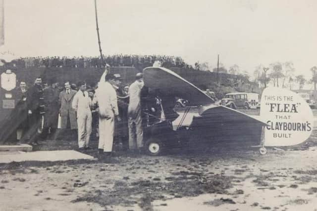 The test flight of Claybourn's Flying Flea, a tiny 1930s French-designed plane, in Doncaster