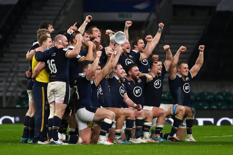 Scotland Captain Stuart Hogg of Scotland lifts the Calcutta Cup following their side's victory in the Guinness Six Nations match between England and Scotland at Twickenham