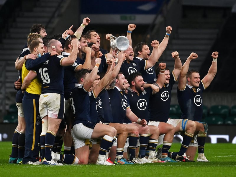 Scotland Captain Stuart Hogg of Scotland lifts the Calcutta Cup following their side's victory in the Guinness Six Nations match between England and Scotland at Twickenham