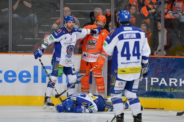Sheffield Steelers' Evan Mosey takes it on the chin. Picture: Dean Woolley