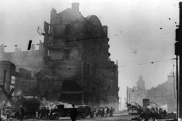 Blitz damage in Fitzalan Square, looking towards the High Street and the Marples