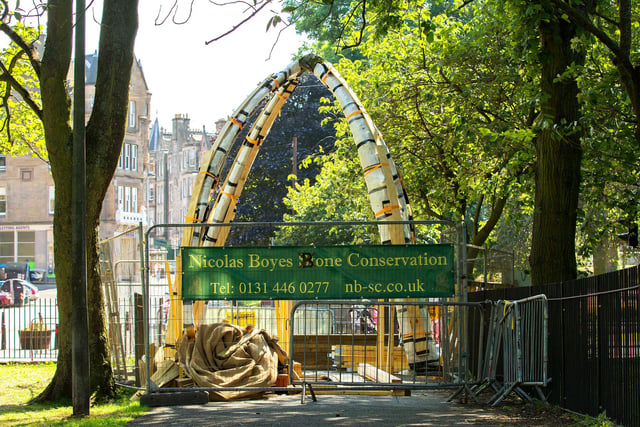 conservation work on the four whale jawbones which sat at the top of JawboneWalk on the Meadows.  They had been exhibited at the 'International Exhibition of Industry, Science and Art' held on the Meadows in1886.  They were then placed at the entrance to the east and west Meadows from the Middle Walk in 1887.  the jawbones were removed - for restoration - in 2014.