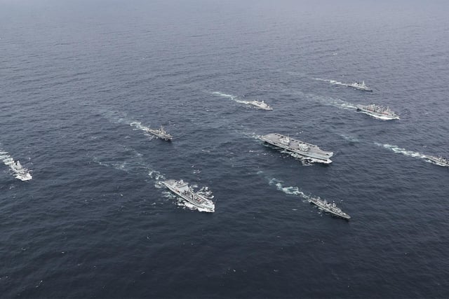 The full UK Carrier Strike Group assembled for the first time during Group Exercise 2020 on 4th October. Aircraft carrier HMS Queen Elizabeth leads a flotilla of destroyers and frigates from the UK, US and the Netherlands, together with two Royal Fleet Auxiliaries. It is the most powerful task force assembled by any European Navy in almost 20 years.