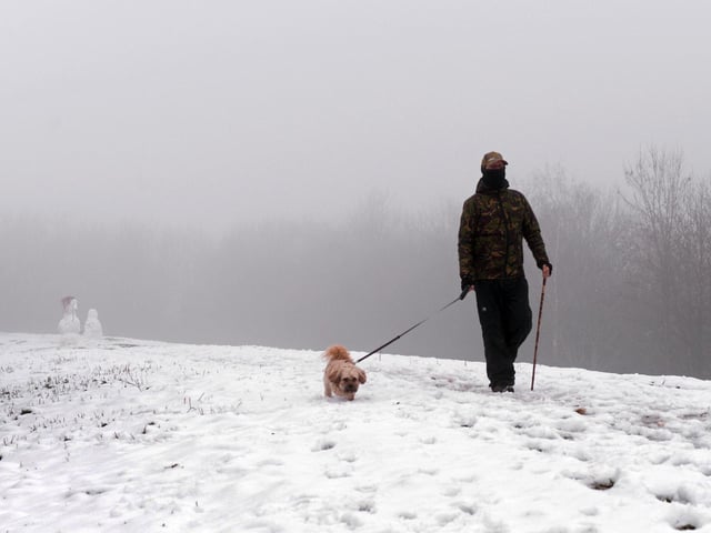Wrapped up warm, a dog walker heads out in Warmsworth.