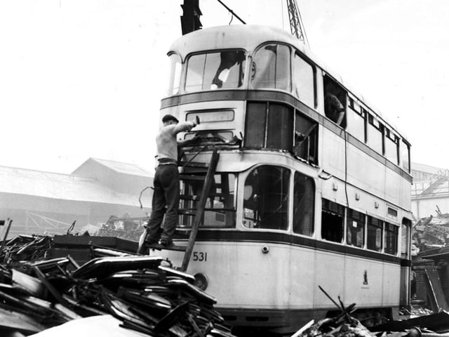 Tram No 531 is reduced to scrap at the Tinsley Scrap Depot of TW Ward Limited, October 10, 1960