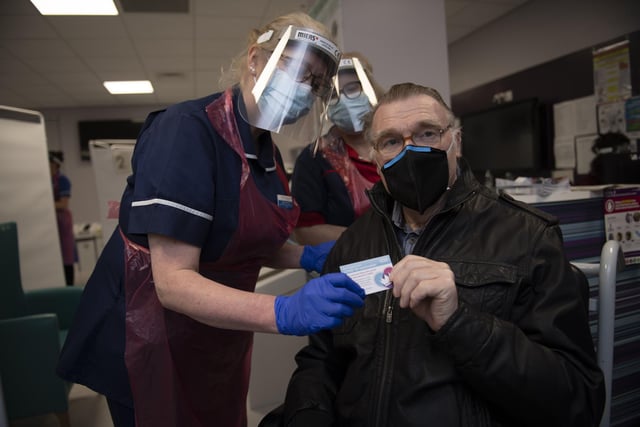 Patient Anthony Moore at the Northern General Hospital, Sheffield, receiving the COVID Pfizer vaccine (Pooled picture by Andy Stenning-Daily Mirror)