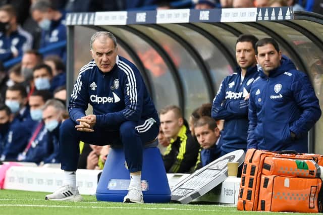 LEEDS, ENGLAND - OCTOBER 23: Marcelo Bielsa, Manager of Leeds United looks on during the Premier League match between Leeds United and Wolverhampton Wanderers at Elland Road on October 23, 2021 in Leeds, England. (Photo by Michael Regan/Getty Images)