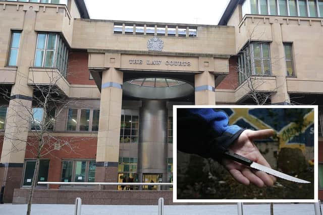 Sheffield Crown Court, pictured, has heard how a mentally-ill woman who stabbed her partner through the chest and had to be remanded in custody has been spared from more time behind bars. Also pictured is an example of a knife.