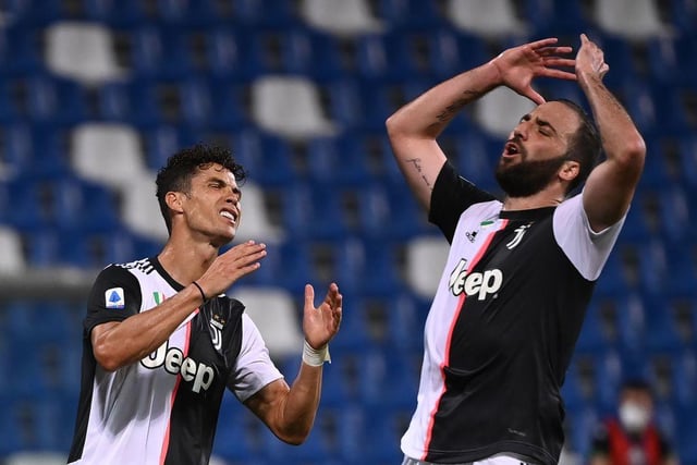 Juventus' Portuguese forward Cristiano Ronaldo and Juventus' forward Gonzalo Higuain from Argentina (R) react during the Italian Serie A football match Sassuolo vs Juventus Turin played behind closed doors on July 15, 2020 at the Mapei stadium in Reggio Emilia.