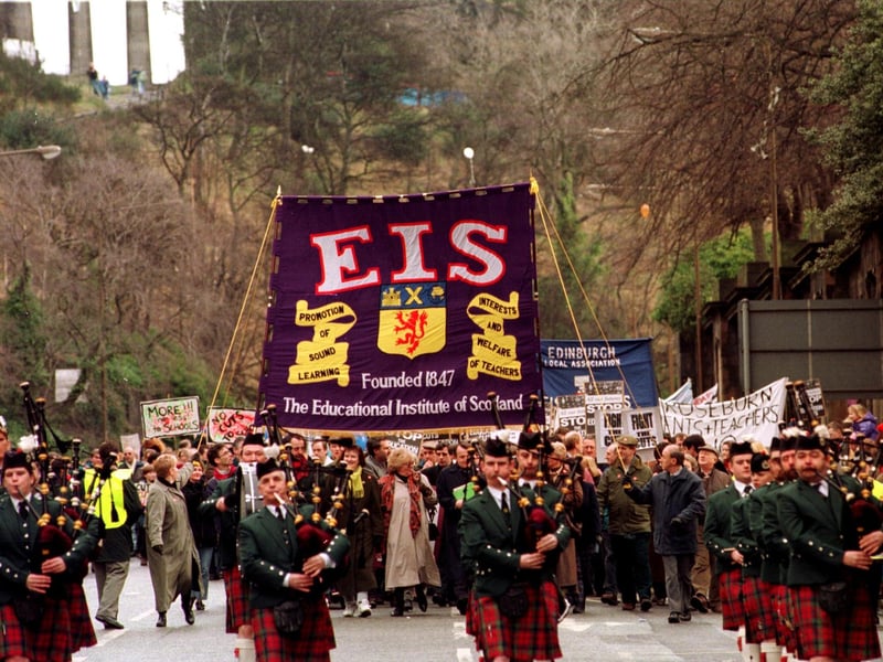 The 1996 Educational Institue of Scotland march saw teachers, pupils and parents come together to demonstrate over cuts in education.