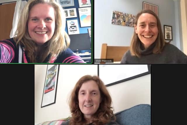 (Clockwise from top-left) Nichola Vasey, Vicky Peacock and Sue Greenwood on a recent Zoom call.