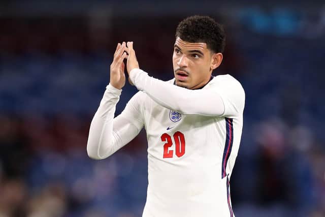 BURNLEY, ENGLAND - NOVEMBER 11: Morgan Gibbs-White of England applauds the crowd at the final whistle during the UEFA European Under-21 Championship Qualifier match between England U21s and Czech Republic U21s on November 11, 2021 in Burnley, England. (Photo by Lewis Storey/Getty Images)