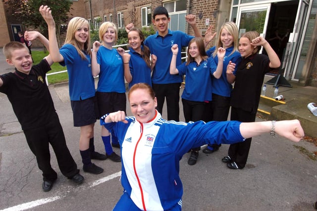 Gladiators star Shirley Webb, better known as Battleaxe, visits youngsters at Handsworth Grange Community Sports College. Shirley, who was part of the Sky 1 revival is pictured here with Connor Linfoot, Alice Gilbert-Twigg, Georgina Cornelius, Lauren Horton, Jake Cook, Natsha Ford, Taylor Crapper and Paige Linfoot in 2008