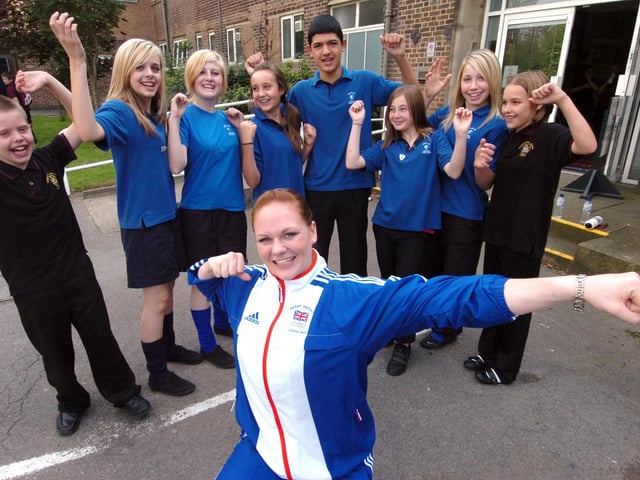 Gladiators star Shirley Webb, better known as Battleaxe, visits youngsters at Handsworth Grange Community Sports College. Shirley, who was part of the Sky 1 revival is pictured here with Connor Linfoot, Alice Gilbert-Twigg, Georgina Cornelius, Lauren Horton, Jake Cook, Natsha Ford, Taylor Crapper and Paige Linfoot in 2008