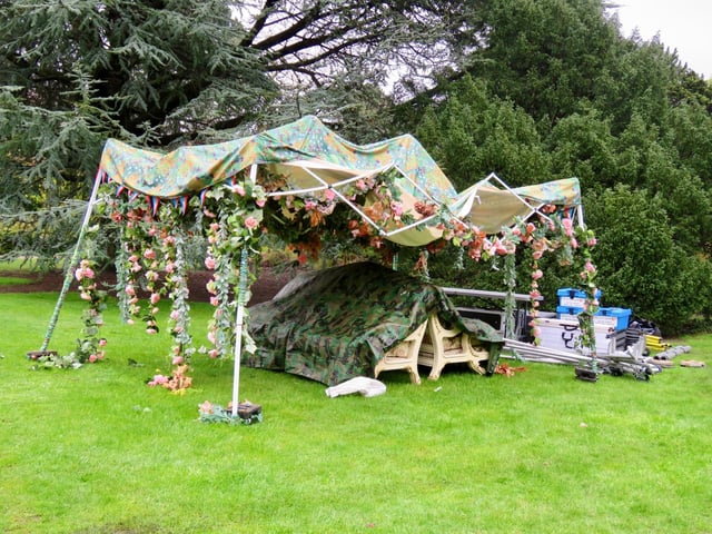Filming in Sheffield for new HBO miniseries The Regime, starring Kate Winslet and Hugh Grant. The crew was busy packing up the props in Sheffield Botanical Gardens on Friday. Photos by @steelcitysnaps via Twitter