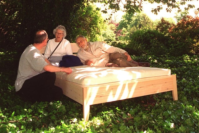 Pictured in the Sheffield Botanical Gardens, where The Futon Shop were taking pictures for  their brochure in 1997. Seen is Peter Bennion owner of the shop, as he talks with Lady Barbara Ricardo and her husband David Ricardo from Wortley, who were visiting the gardens.
