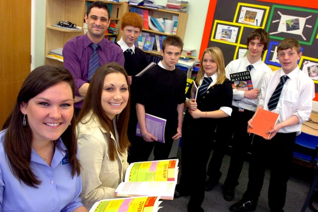 American trainee teachers Micah Campbell (left) and Megan Foy, both aged 22 ,are pictured with The Hayfield School art teacher Paul Plunkett and pupils, from left, Scott Major, aged 15, Ben Fox, aged 14, April Oakden, aged 15, Christopher Proctor and Andrew Coote, both aged 14 in 2007