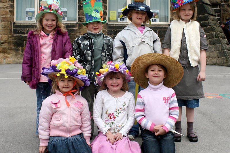 Jessica Neath, Jack Neath, Rebecca Furlong, Sophie Holbrow, Elle Goodall, Holly Bennett and Charlie Brown show off their  Easter bonnets at All Saints Infants School, Matlock, in 2007.