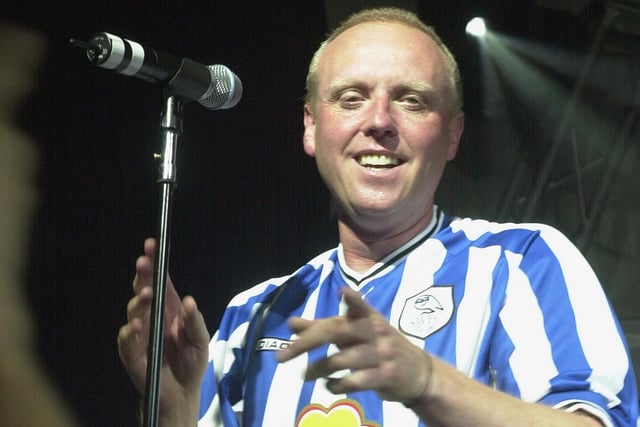 Heaven 17 lead singer Glenn Gregory Final Encore and the lads return to the stage in Sheffield Wednesday Shirts the One Night In Heaven event at the Adelphi in 2001