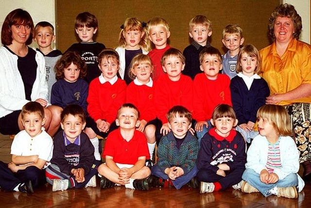 Miss Coddington and Mrs Mills with their reception class at Lydgate Infant School, Sheffield, in September 1997