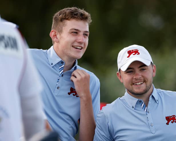 Sheffield golfers Barclay Brown (L) and Alex Fitzpatrick of Team Great Britain and Ireland look on from the first tee during Day One of The Walker Cup in Florida. (Photo by Cliff Hawkins/Getty Images).