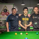 Louis Axcell, The Sheffield College, with snooker player Reece Matin and Stephen Harrison MBE.