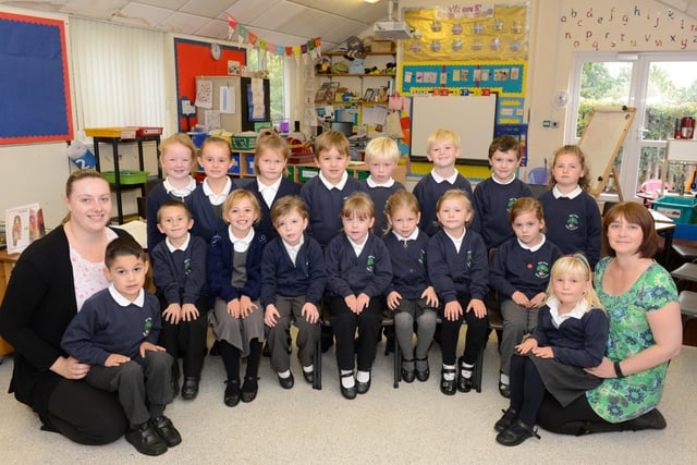 The new reception class pupils at Red Row First School with Michelle Doyle and Allison Tordoff.