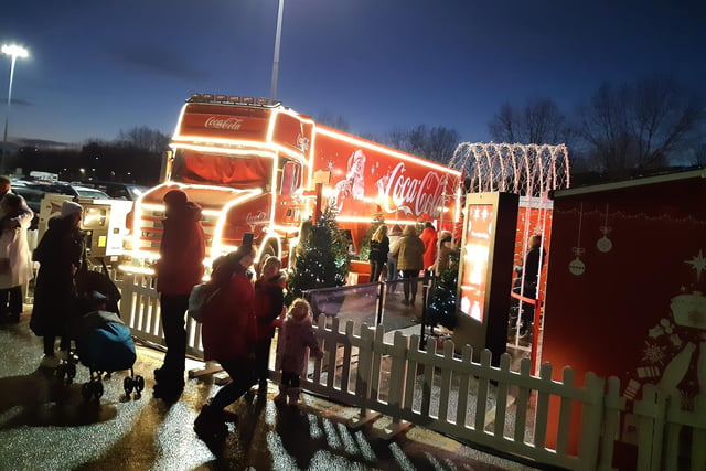 Hundreds of families headed for the bright red Coca Cola Truck as it finally arrived at Meadowhall this evening.
