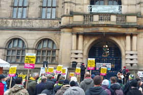 A crowd of people gathered outside Sheffield Town Hall to protest the Nationality and Borders bill.