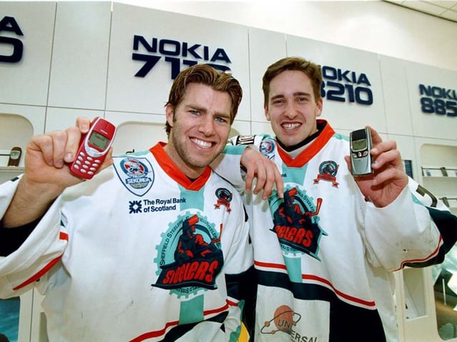 Sheffield Steelers stars Kent Simpson (left)and Shayne McCosh at the official opening of the new Nokia store in 2001