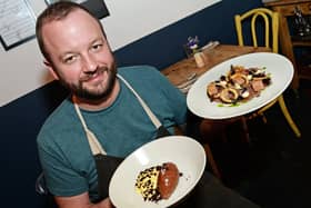 No Name's owner Thomas Samworth with a starter of beef fillet carpaccio, Henderson's Relish, corned beef and onion, and a dessert of bitter chocolate mousse with mango and passion fruit. Picture: Marie Caley.