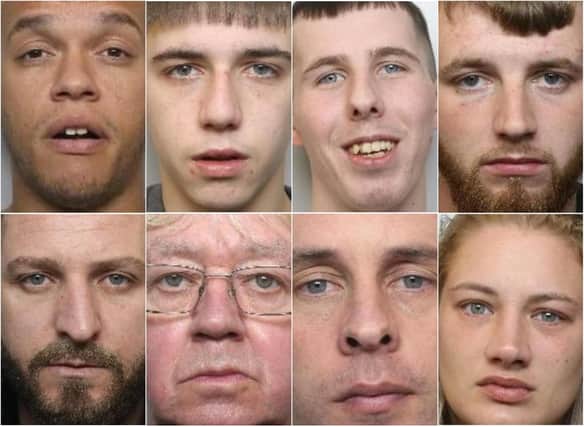 Numerous criminals have been jailed in March 2022, including the eight pictured here, following hearings brought before Sheffield Crown Court. 
Top row, left to right: Dale James Hutchinson; Kai Smith; Tony Cain; Jake Proverbs
Bottom row, left to right: Bledar Metushi; Colin Norfolk; Wayne Garrity; Melody Wolf
