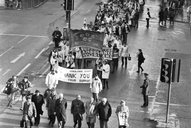 3000 marchers took part in a demonstration to support the ambulance workers' strike in Edinburgh, January 1990.