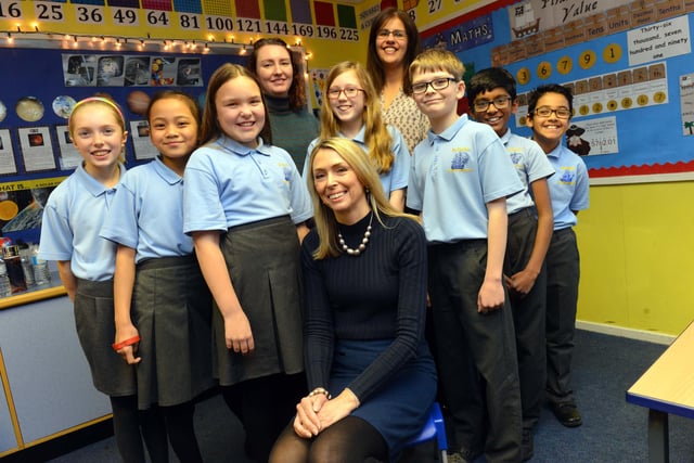 Back to 2017 for this photo showing St Bede's RC Primary School head teacher Nicole Park at the front. Back from left is Year 6 Maths teacher Nicola Mackley and English teacher Carol Devine with pupils.