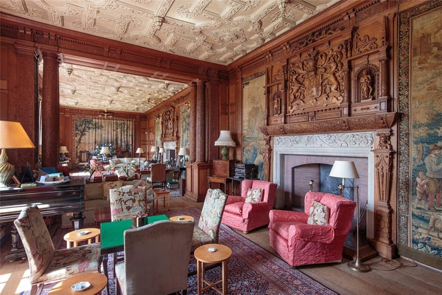 The detailed woodwork in the drawing room was all created by local craftsmen and above the fireplace one can see the crests of the two families associated with Brechin Castle, the Maules and the Ramsays.