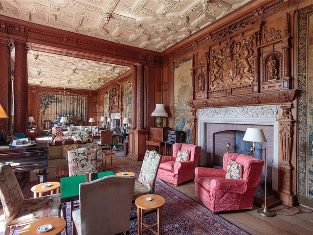 The detailed woodwork in the drawing room was all created by local craftsmen and above the fireplace one can see the crests of the two families associated with Brechin Castle, the Maules and the Ramsays.