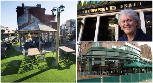 Nine Wetherspoons pubs in Sheffield are set to reopen their outside areas next month, including the Rawson Spring (left); The Sheaf Island (top right) and the Bankers Draft (bottom right) which is pictured with owner and founder of the company, Tim Martin