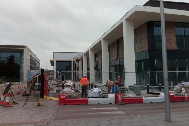 The new cinema under construction,  taking shape at Waterdale, Doncaster. This This corner will contain restaurants. Bollards are now in place on the newly constructed pavement