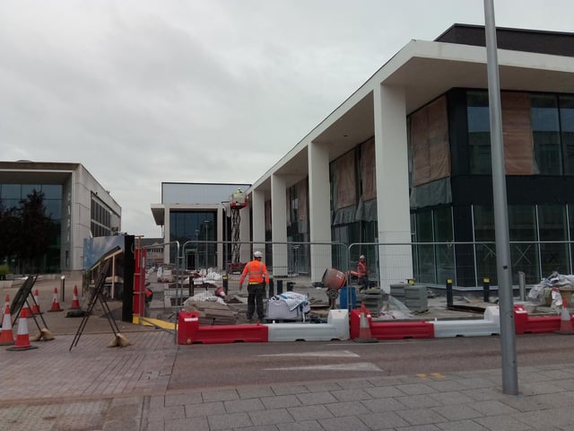 The new cinema under construction, taking shape at Waterdale, Doncaster. This This corner will contain restaurants. Bollards are now in place on the newly constructed pavement