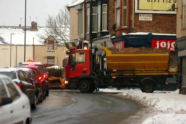 A gritter coming out of Rutland Street, Sunderland.
