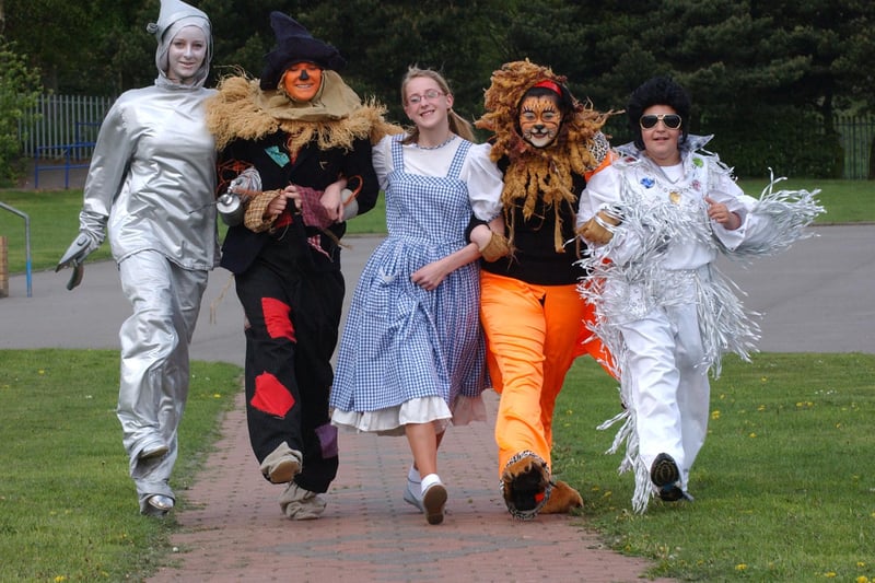 The principal characters from the Wiz which was being performed by Durham Stage School 14 years ago - including the Wiz being played in an Elvis Presley style.