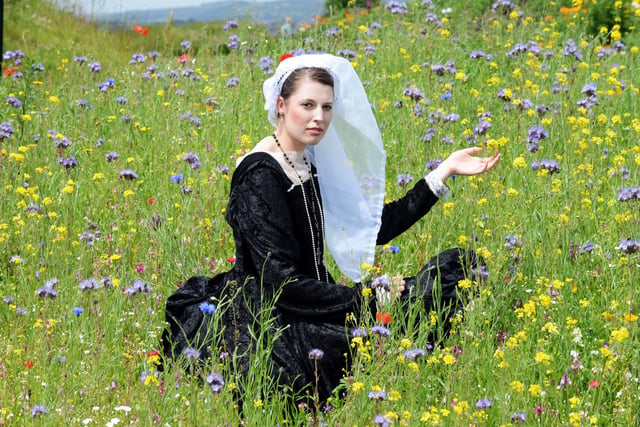 Flower Festival at Sheffield Manor Lodge, Laura Alston as 'Mary Queen of Scots' in amongst the Meadow Fields in 2013