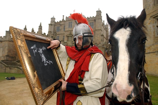 a horse getting a history lesson to promote an event for Bolsover Castle in 2005