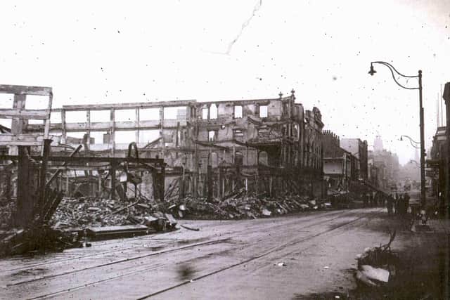 The remains of Atkinson's department store on The Moor after the Blitz