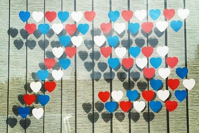 Decorated hearts to commemorate the 75th anniversary of VE Day in Seahouses.