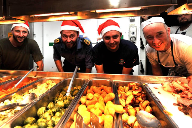 Whilst conducting maritime security patrols in the Indian Ocean, HMS Westminster went festive for the day enjoying a traditional Christmas roast whilst at sea. The Christmas festivities saw all members of the ship's company sit down for a full spread of Christmas grub while at sea. Westminster's commanding officer, Captain Hugh Beard carved a selection of meats on offer, for the rest of the crew.